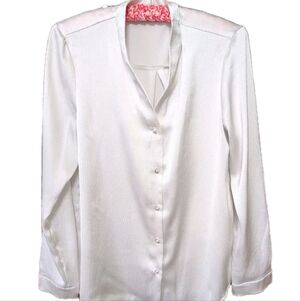 Adrianna Papell Womens Blouse White V-Neck Pearl Buttons Long Slve Med Career